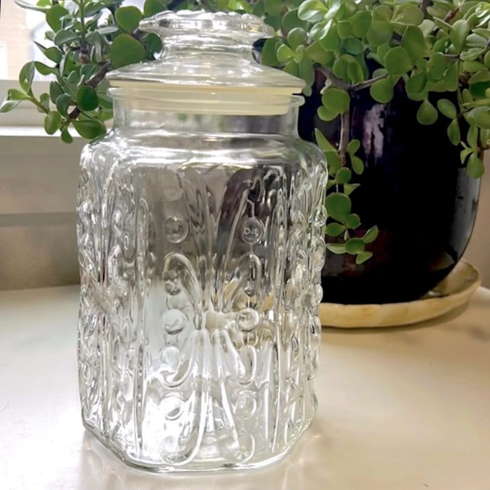 Large Vintage L.E. Smith Atterbury Scroll Design/ Federal Glass Canister W Lid